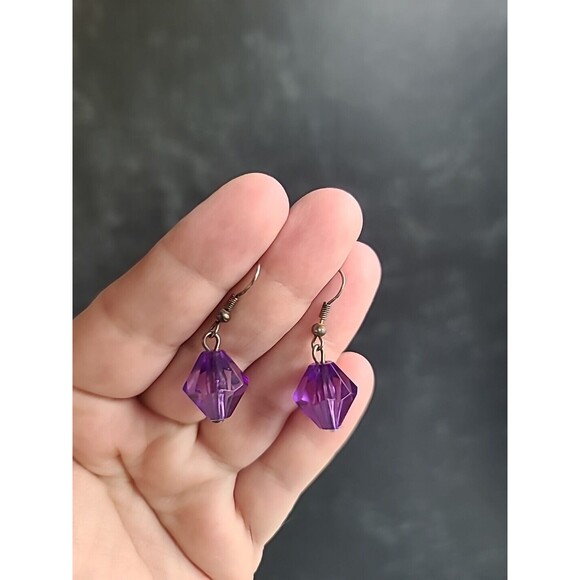 Silver Tone Metal Purple Beaded Dangling Pierced Earrings Vintage - Picture 1 of 10